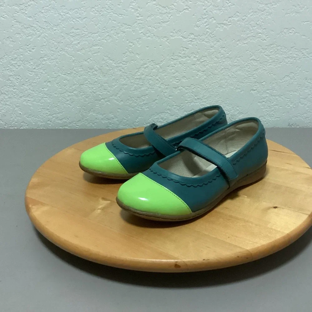 LIVIE & LUCA Teal Neon Green Patent Toe Strap Mary Jane‎ Shoes Kids Size 1